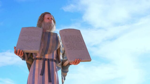 The Biblical prophet Moses holds the tablets with the Ten Commandments render 3d