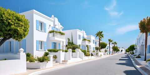 Fototapeta na wymiar houses on the beach, View from Tunis, Street view with modern architecture in residential, The tourist neighborhood, Generative AI