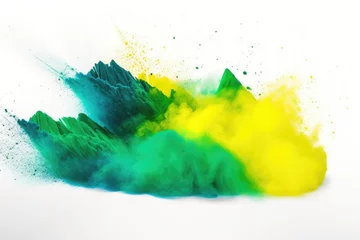 Fototapeten Colorful brazilian flag green yellow blue color holi paint powder explosion on white background. With copy space for advertiser © Оксана Олейник