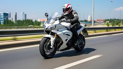 Motorcycle rider speeding on the road at high velocity with motion blur effect