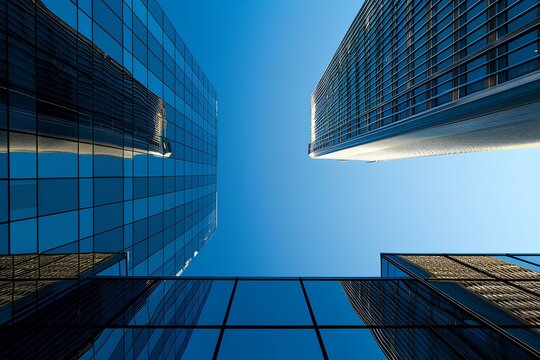 clear blue sky reflecting light on the buildings, in the style of computer art, landscapes, dark blue, cityscapes, sharp lines design. generative AI 