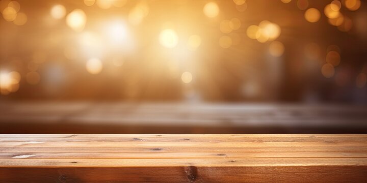 Sunlit blurred background for displaying products on a wooden table.