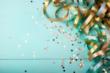 Carnival border of coiled streamers and confetti on wood background with copy space - obrazy, fototapety, plakaty