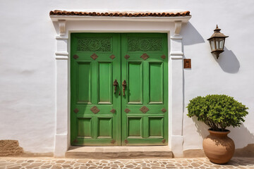 Fototapeta na wymiar A vibrant green door set within a clean white wall of a traditional building, with a pottery detail.