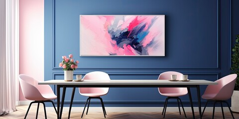 Pink and navy blue abstract painting in a stylish dining and living room with gray wall molding.