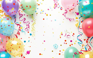 Happy Birthday invitation card with pastel colorful ballons and glittering confetti. Childrens party  background. Generative AI