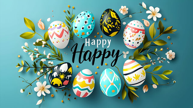 Vibrant Easter composition with decorated eggs and spring flowers on a teal background.