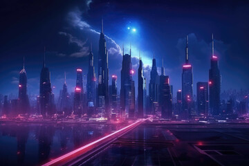 Fototapeta na wymiar A futuristic cityscape with tall buildings, advanced technology and neon lighting