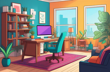 home office interior design. A cosy and bright room without people for online work