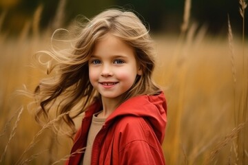 Portrait of a cute little girl in a red coat on a wheat field
