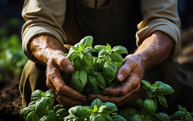 Man's hands holding fresh herbs with bright green leaves in a field. Fresh basil. Agriculture concept. Generative artificial intelligence - Powered by Adobe