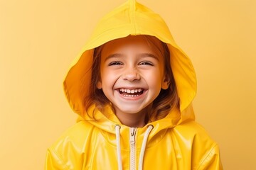 Portrait of a smiling little girl in raincoat over yellow background