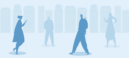Four silhouetted people in urban setting, two women using smartphones. City lifestyle with technology vector illustration.