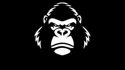 Mad gorilla face logo design on a black background. Simple shapes and lines. White on a black background, space for text.