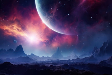 A view of a distant planet with a bright, colorful nebula in the background