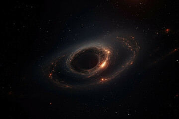 A shot of a distant black hole, with its dark matter illuminated in the darkness of space