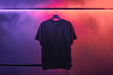 Sleek black t-shirt mockup suspended on metal rack, gradient lighting. Contemporary style preview. - obrazy, fototapety, plakaty