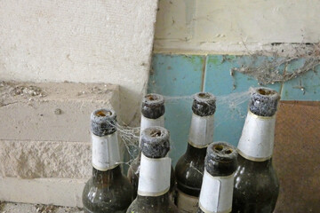 old bottles with spider web