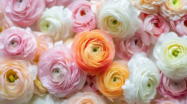 pastel-colored ranunculus flowers, creating a soft and romantic setting generative ai