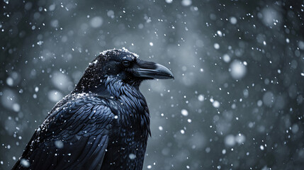 A crow in a snowstorm. Close-up shot of a Corvus corax, the common raven in the snow. Contrast between the all black passerine and the white snow. - obrazy, fototapety, plakaty