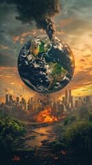 The globe is in smoke and fire, the impact of military actions on the planet, environmental consequences. - obrazy, fototapety, plakaty