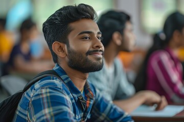 Multiethnic Indian Man Acquiring New Academic Skills in Classroom with Other People. Formal Adult Learning Activity, Undertaken by Diverse Mature Students After Finishing School and College.