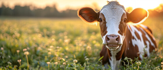 Cow in a meadow. Livestock animal, organic milk and green grass. Space for text. - obrazy, fototapety, plakaty