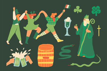 Saint Patrick's Day party vector set. Cheerful Irish people in green clothes with shamrocks and the Ireland flag dancing the Ceilidh, hand holds green beer, Saint Patrick, three and four-leaf clover.