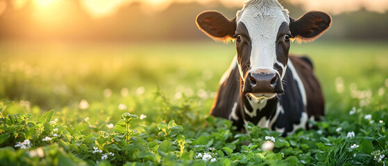 Cow in a meadow. Livestock animal, organic milk and green grass. Space for text.