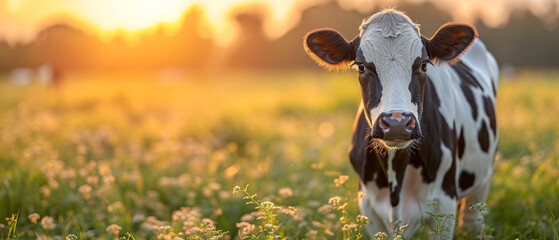 Cow in a meadow. Livestock animal, organic milk and green grass. Space for text. - obrazy, fototapety, plakaty