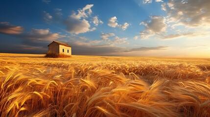 Idyllic rural farm scenery with traditional wooden granary surrounded by fields on a sunny day - obrazy, fototapety, plakaty