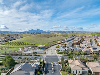 Aerial Photographs of an affluent community in California with beautiful houses with solar panels, pools, streets. Great for real estate marketing