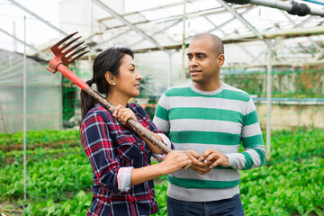 Farmers man and woman with rake smiling and talking to each other at greenhouse farm - obrazy, fototapety, plakaty