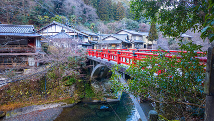 Red bridge over small river by traditional Japanese village - 712771217