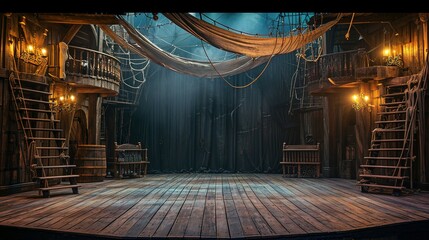 Naklejka premium empty pirate ship deck background for theater stage scene