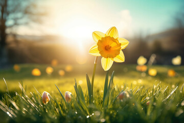 A vibrant yellow daffodil flower standing tall in a lush green meadow, with the sun shining brightly in the background - obrazy, fototapety, plakaty