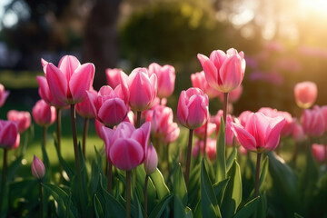 Fototapeta premium A group of pink tulips standing tall in a lush green meadow, with the sun shining brightly in the background