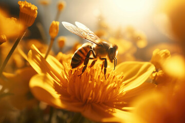 A close-up of a bee pollinating a spring flower, with the bee's wings illuminated by the sun - obrazy, fototapety, plakaty