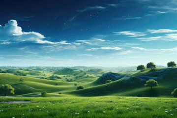 A lush alien landscape, the sky is a deep green, the ground is a mix of rolling hills, forests and plains, a single tree stands in the middle of the landscape