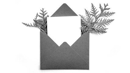 Creative layout made from a cypress branch and a handmade envelope in retro style. Monochrome original template for stylish congratulations. Place for text. 