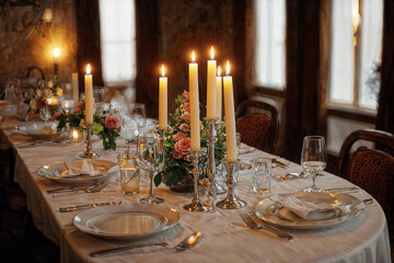 A long table is set with plates, wine glasses, and silverware. There are tall candles in silver candlesticks, and flowers in vases. The table is covered with a white cloth.