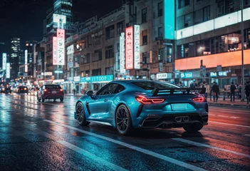 Tuinposter A blue sports car is driving down a city street at night. The background is filled with neon lights from the surrounding buildings. There are also some pedestrians and other cars on the street. © vachom