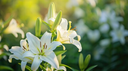 white lilies in a garden, creating an elegant and serene natural setting generative ai