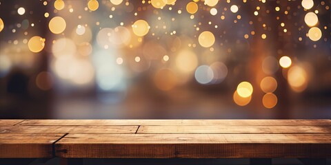Blurry background with bokeh behind an empty wooden table, ideal for product display montage.