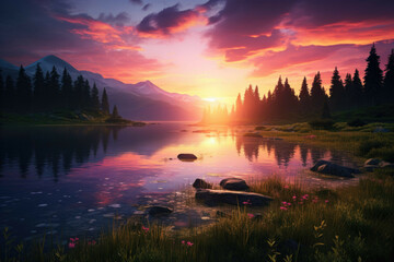 A desktop wallpaper of a vibrant and surreal sunset over a tranquil lake surrounded by lush green forests and mountains