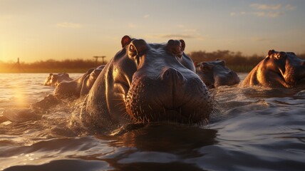 Majestic Pod of Hippopotamus Emerging Gracefully from Shimmering Water - AI-Generative - obrazy, fototapety, plakaty