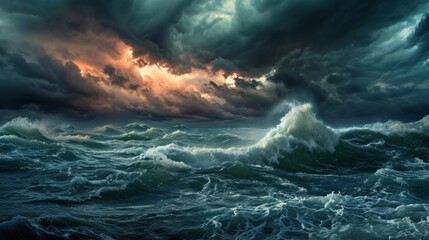 A storm rages across the ocean, a vivid portrayal of a natural disaster. - obrazy, fototapety, plakaty