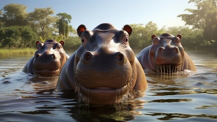 Majestic Pod of Hippopotamus Emerging Gracefully from Shimmering Water - AI-Generative