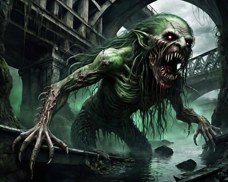 Dark Fantasy Nightmare - Terrifying children's nightmares, tentacled horror, fanged vampire, falling endlessly, and a troll lurking under a decrepit bridge Gen AI