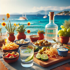 Fruit, vegetables and alcoholic drinks with the the sea in the background